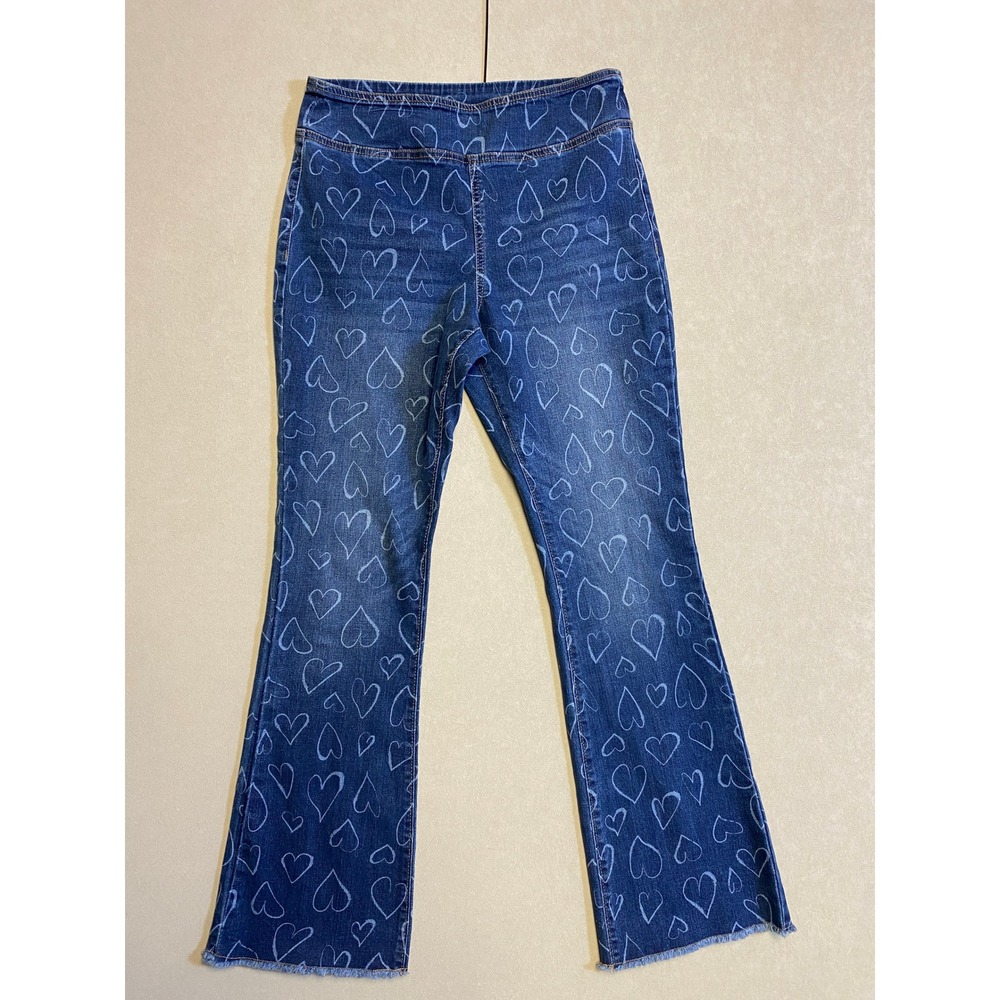 No Boundaries Womens Heart Print Pull On Flare Jeans Blue High Rise Small 4-6